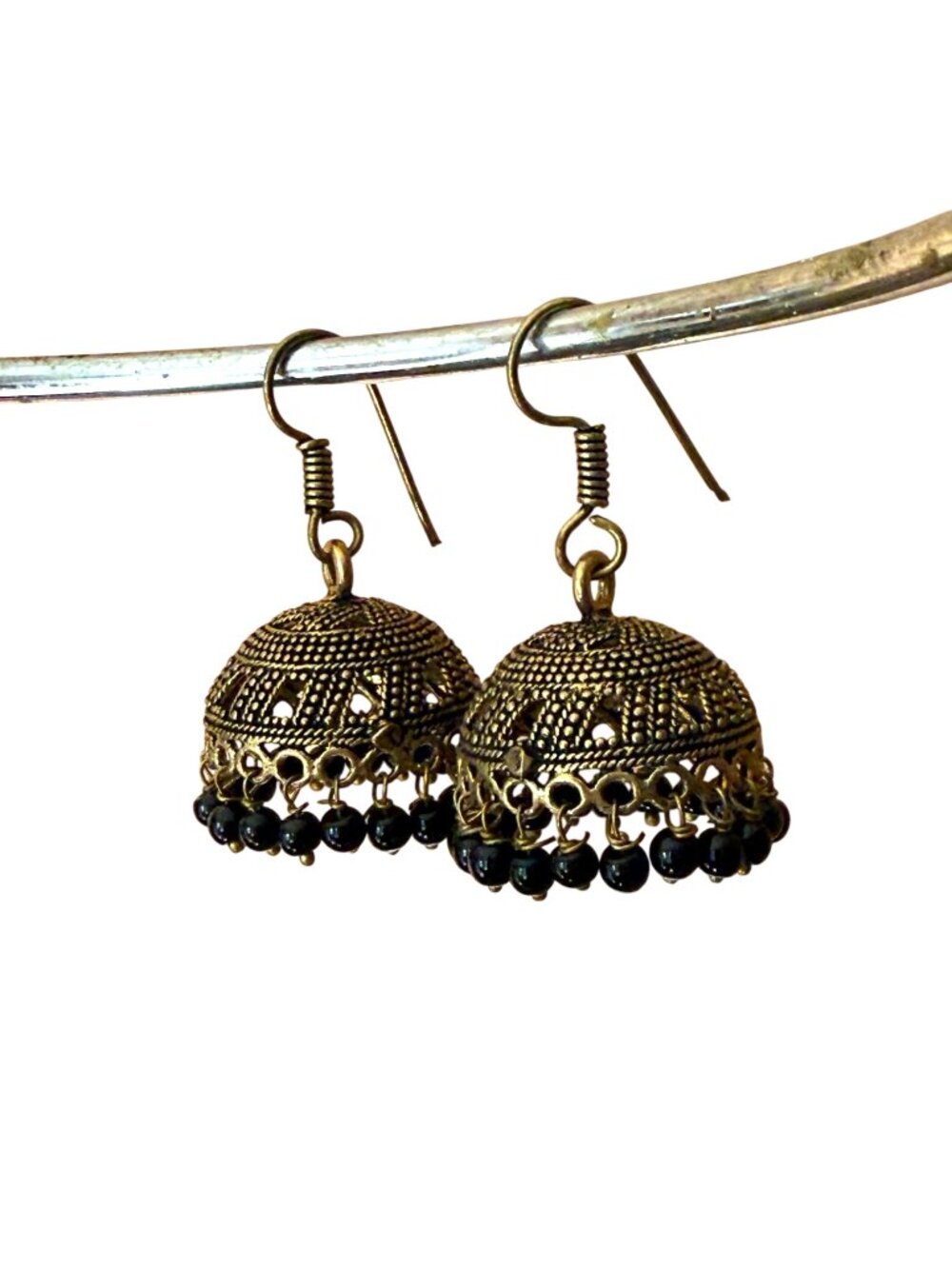 Antique Jhumka Gold & Black Beaded Dangle Earrings With Intricate Filigree Desig